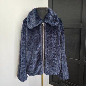 EUC REFORMATION Women's Navy Blue Zip Closure Collared Faux Fur Jacket XL